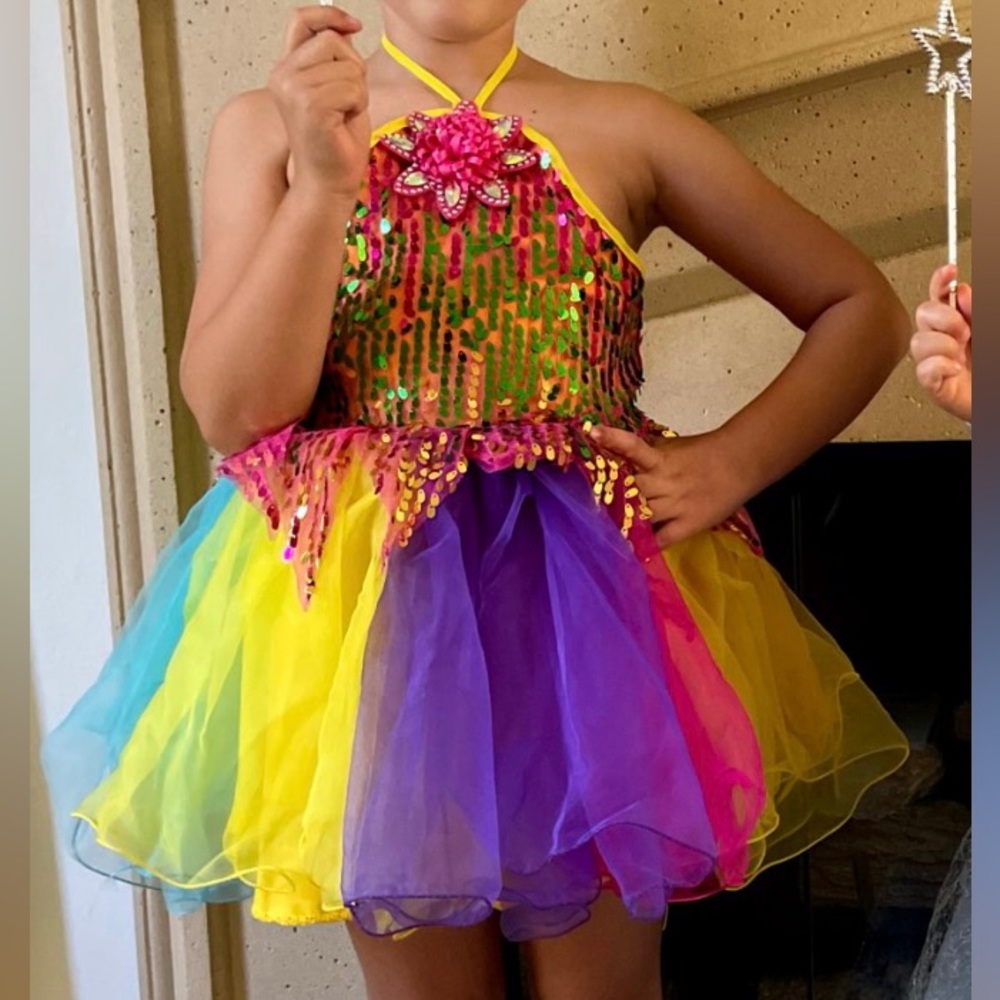 Girls sequin top tulle skirt halter rainbow dress
